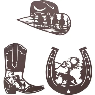 VinSees Metall-Hufeisen Cowboystiefel Cowboyhut Wandkunst Dekor, rustikale Western-Wanddekoration, Western-Themed Cowboys Reitpferde Dekorationen für Zuhause Schlafzimmer Badezimmer 3er Set