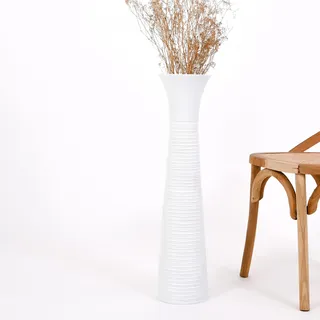 Leewadee Große Deko Bodenvase Für Dekozweige, Hohe Standvase Für Pampasgras, Design Holzvase, 70 cm, Weiß