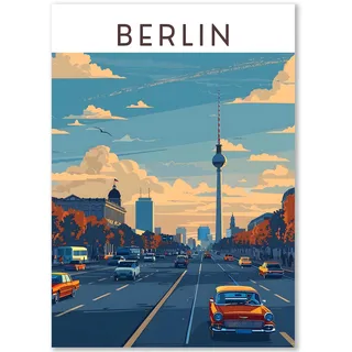 Happymotive Städteposter | Berlin Retro Poster Vintage | Schlafzimmer Deko Bild im Hochformat | Bilder Wohnzimmer | Kunstdrucke in DIN A2, DIN A3, DIN A4 300g Papier ohne Rahmen
