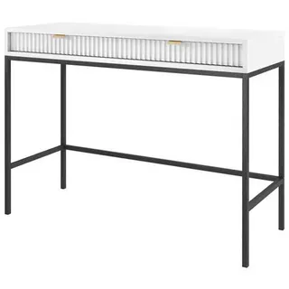 Ravio Schminktisch Kioto 104 cm Weiß , Schwarz – Rillenfront, Goldene Griffe, 2 Schubladen, - Weiß, Schwarz