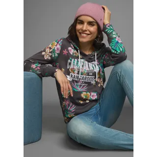 Kapuzensweatshirt KANGAROOS, Damen, Gr. 36/38, grau (anthrazit, meliert), Interlock, Obermaterial: 60% Baumwolle, 40% Polyester. Kapuzenfutter: 60% Baumwolle, 40% Polyester, bedruckt, geblümt, figurumspielend hüftbedeckend, angesetztes Bündchen, Sweatshirts Kapuzensweatshirt, mit Kapuze und Kordelzug, Langarm, hüftbedeckende Länge