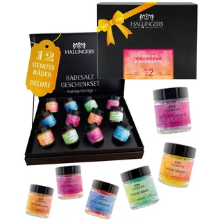 Hallingers Genuss Manufaktur Badesalze Geschenk-Set - 12x Badezusatz mit Totes Meer Badesalz edle Geschenkbox, Badekristalle Fußbad & Spa "Frauen-Wellness...", Geschenkidee für Frauen Freundin
