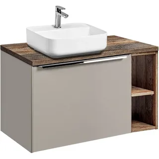 Waschtischunterschrank 80cm mit Regal & Keramikbecken PUEBLA-56-TAUPE in taupe mit Vintage Oak, B/H/T ca.: 80,4/62,5/46 cm - Beige