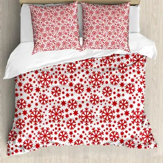 ABAKUHAUS Schneeflocke Bettbezug Set, Stern-sieben spitze Sterne und Punkt-Muster-abstrakte Motive-Sylvester-Illustration, 200 x 200 cm + 80 x 80 cm, Weiß Rot