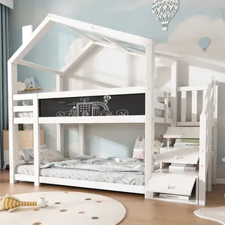 Sweiko  Kinderbett Baumhaus 90 x 200 cm, Etagenbett für Kinder mit Schornstein&Speicherung und Rausfallschutz, Weiß, inkl.Tafel– 2x Lattenrost (Ohne Matratze) - Weiß