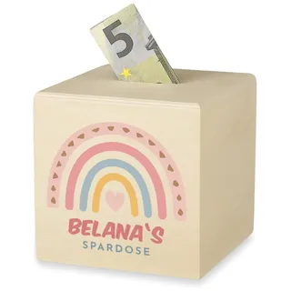 polar-effekt Regenbogen Holz-Spardose 10x10cm personalisiert für Mädchen - Geschenk zur Einschulung & Geburtstag - Deko für Kinderzimmer - Sparbüchse mit UV-Druck