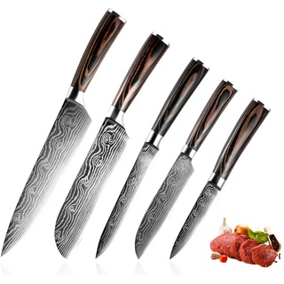 ZENG 5-Teiliges Kochmesser Set, Santoku Messer Fleischmesser Profi Damastmesser Gemüsemesser Schälmesser Scharfe Deutschem Edelstahl Küchenmesser mit Ergonomischem Pakkawood Griffen