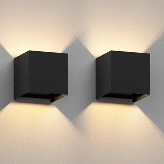 ledscom.de 2x Wandleuchte CUBEL für außen, schwarz, IP65, Up & Downlight, quadratisch + LED Lampe 501lm, warmweiß