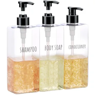 Segbeauty Transparenter Seifenspender, 500 ml 3er Set Pumpflasche mit Wasserdichtes Etiketten, Kunststoff Leerflaschen für Shampoo Conditioner Body Soap, Minimalistisches Design Reiseflaschen Set