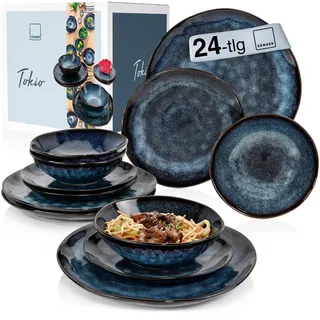 Sänger Sänger Steingut Geschirrset Tokio, Tafelservice 24 teilig für 8 Personen , Schwarz , 27x5x27 cm , Geschirr, Geschirrsets, Tafelservice