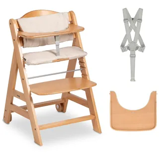 hauck Beta+, Natural - Mitwachsendes Kinderhochstuhl Set ab 6 Monaten bis 90 kg mit Rädern, Sitzkissen, Großes Essbrett, Kleiner Schutzbügel, 5 Punkt Gurt Sicherheitsgurt & Schrittgurt