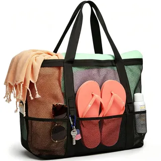Mesh Strandtasche Große Strandtaschen Netz Beach Bag Faltbar mit Reißverschluss Tasche Strand Tasche Mesh-Einkaufstasche für Sommer Strandurlaub Reisen Einkaufen Schwimmen Picknick Alltag (Schwarz)