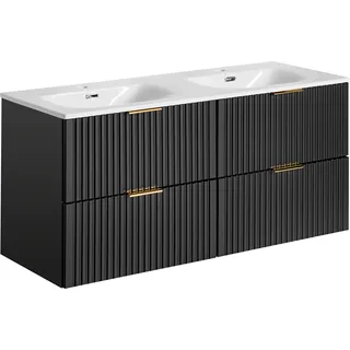 Badezimmerschrank 120 cm mit Doppelwaschbecken, schwarz matt gefräst, modern - Schwarz