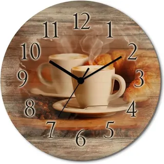 ARTland Holz Wanduhr Funkuhr - schwarzer Zeiger Dampfender Cappuccino und Croissant Größe: 30x30 cm - Braun