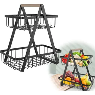 Sessamen-LP 2 Etagen Obst Etagere Obstkorb Obstschale Schüssel Halter ?Küche Ablagekorb mit Holzgriff Tortenst?nder Brotkorb Gemüsegestell für Küche, Schwarz - Schwarz
