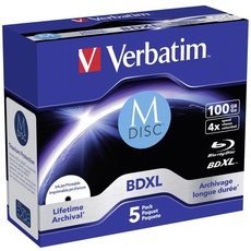 Verbatim MDISC BDXL Blu-ray Rohlinge 100 GB, Blu-ray-Disc mit 4-facher Schreibgeschwindigkeit, 5er-Pack Jewel Case, großflächig bedruckbar, Blu-ray-Disks für Video- und Audiodateien
