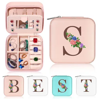 Yesteel Geburtstagsgeschenke für Frauen, Brautjungfer, Mutter, Freundin, Schwester, kleine Reise-Schmuckschatulle, Schmuckbox, Ohrring-Schmuckhalter, Organizer-Box mit Spiegel (Buchstabe S)