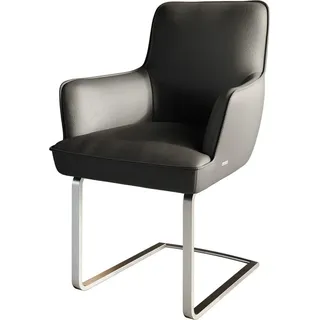 DeLife Freischwinger Heira-Flex mit Armlehnen Echt-Leder Schwarz Freischwinger flach Edelstahl Taschenfederkern