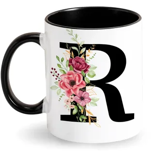 Tarklanda Initiale Tasse Buchstabe Kaffeetasse - Schwarz Keramik Tasse - Geschenke für Freundin Dame Mama Tochter Oma Schwester Gattin Lieblingsmensch Verliebte Kollegin zum Geburtstag Muttertag (R)