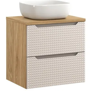 Vivaldi Badezimmer Set mit Wandregal, zwei Schubladen, Platte und Aufsatzwaschbecken "Prest XVI", 60 cm, in Beige - Geölte Eiche. - Beige