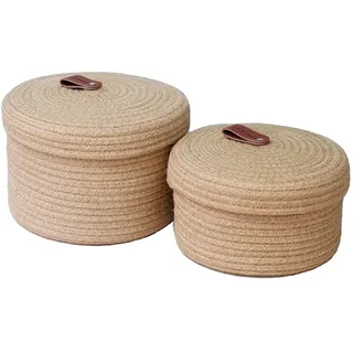 Aplolemo Jute Aufbewahrungskorb mit Deckel, 2er Set Natur gewebte Körbe aus Juteseil Deko Aufbewahrungsboxen für Wohnzimmer Schlafzimmer Büro (Jute, Ø22xH14cm + Ø19xH 11cm)