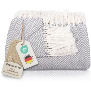 Gräfenstayn Premium Tagesdecke mit Fransen - 100% Baumwolle - 220 x 240 cm XXL - Fischgrätenmuster Sommerdecke - Baumwolldecke als Bett-Überwurf, Couch-Überwurf, Sofa-Decke (Grau)