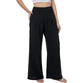 Lofbaz Damen Sommer Fließend Baumwolle Leinen Palazzo Weite Hosen Strand Hohe Taille Hose Boho Lange Loungehose mit Taschen Schwarz M