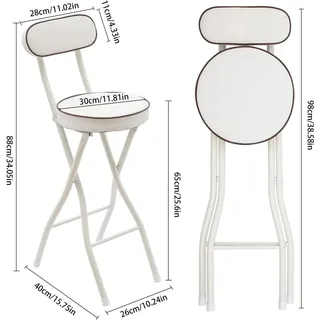 Klappbare Barhocker 2er Set - Barstühle mit Rückenlehne - 65 cm Sitzhöhe - Metallgestell - Gepolsterter Sitz - Weiß