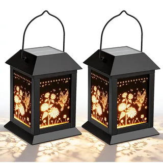 Solar Gartenlaternen - Hängende Solarlampen 2er-Set - Flackernde Kerzenflamme - Automatik Ein/Aus - IP45 Wasserdicht - Metallgehäuse - Batterien enthalten - Blaues Licht