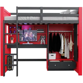 Flieks Hochbett 90x200cm Gaming Schreibtisch Schrank Stauraum Rot , Multicolor , Holz , 90x200 cm , Babymöbel & Kindermöbel, Kinderzimmer & Jugendzimmer, Kinderbetten, Hochbetten
