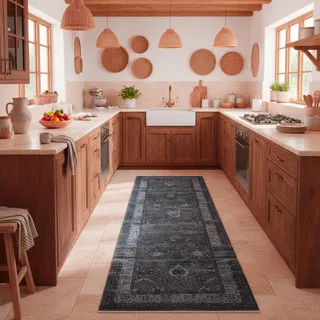 TESSO LIVING Moderner Vintage Boho Teppich Laufer - Holzkohle 80 x 215 cm - Maschinenwaschbar und rutschfest Kurzflor Teppich - bringt Wärme in Wohnzimmer und Schlafzimmer