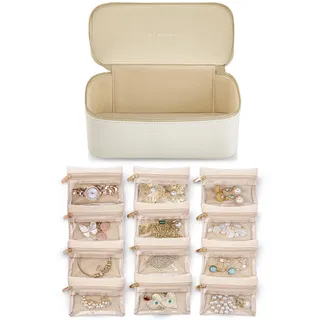 Vlando Schmuckkästchen, Reise-Aufbewahrungstaschen, modernes Dekor, PU-Leder-Schmucketui für 12 transparente Samtbeutel, Valentinstag, Hochzeit, Gedenktag, Geburtstagsgeschenk, Weiß