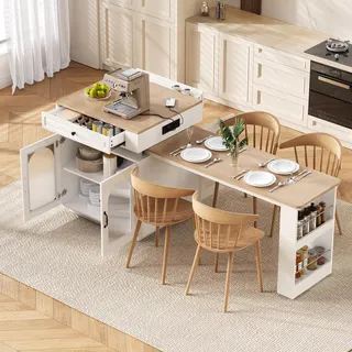 Merax Esstisch Kücheninsel mit Rollen, Ausziehbarer Esstisch, LED Steckdosenleiste, Multifunktionaler Bartisch, Sideboard, küchentisch, Weiß+Natur - Weiß