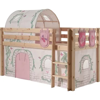 Vipack Hochbett »Pino, Spielbett massiv Kiefer, stabil gebaut, 3 Korpusfarben zur Wahl« inkl. Rolllattenrost, Leiter und Absturzschutz, mit oder ohne Rutsche, Textil-Set "Astronaut", inkl. Vorhang, mit oder ohne Tunnel, beige