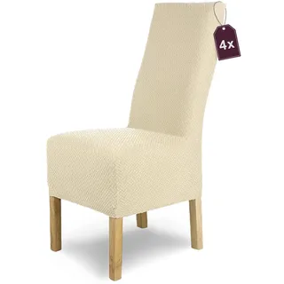 SCHEFFLER-Home Stuhlhussen Stretch Luna-Lang/Stuhlüberzug 4er Set Creme/elastische Flanell Stuhlabdeckungen/Stuhlhussen Schwingstühle/Spann-Bezug Stuhl Überwurf als eleganter Schonbezug
