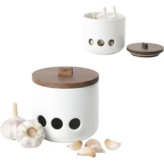 KOOK TIME Knoblauchtopf Keramik CURVE - Belüftete Vorratsdose mit Deckel aus Akazienholz. Knoblauchbehälter für frischen Knoblauch und Ingwer. Skandi-Design. 11.5 x 12 cm.- Weiß