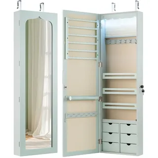 FANTASK Schmuckschrank hängend, Spiegelschrank mit LED, 6 Schubladen und Schlüsseln, Schmuckregal für Tür und Wandmontage, 120x35,5x10cm (Grün)