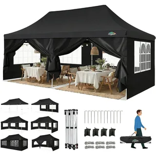 COBIZI Faltpavillon 3X6, Pavillon 3x6m Wasserdicht Stabil Winterfest, Faltbar Partyzelt mit 6 Seitenwänden & 4 Sandsack Pop up Gartenpavillon Anti-UV für Hochzeiten, Freien, Schwarz