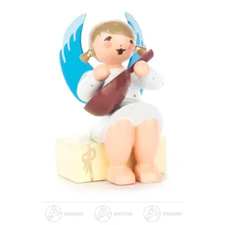 Engel mit Mandoline auf Geschenkpaket sitzend h=ca 5,5 cm NEU Erzgebirge