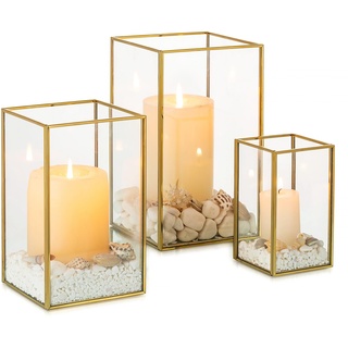 NUPTIO Glas Windlicht Kerzenständer Gold: Set von 3 Metall Stumpenkerzen Kerzenhalter Gehärtetes Glas Laternen Outdoor für Hochzeit tischdeko Weihnachten Halloween Wohnzimmer Tischplatte