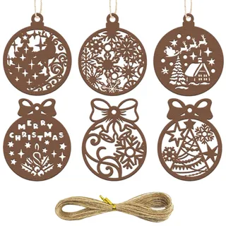 6 Stück Rost Deko Weihnachten – Metall Weihnachtsanhänger im Rost Design mit Schnur – Weihnachtsbaum Metall Schmuck & Rost Deko für Fenster, Tür & Tischdeko