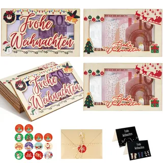 Holz Geldgeschenk Weihnachten-4 Stück Geldgeschenke Verpackung Weihnachten-Adventskalender zum Befüllen mit Weihnachtskarte Umschlag Sticker Band-Verpackung für Geldgeschenke