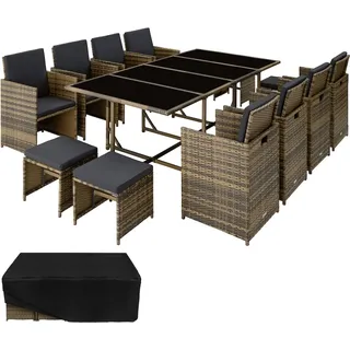 Tectake tectake® Rattan Sitzgruppe Palma für 8 bis 12 Personen, UV-beständig, zusammenschiebbar, inklusive Schutzhülle