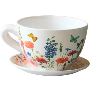 Dekohelden24 Blumentopf, Pflanztasse, Pflanzkübel, Pflanzgefäß, Blumenkübel, Pflanztopf. Übertopf als Tasse mit Griff aus Keramik, Motiv: Wiese, L/B/H 25 x 23 x14 cm.