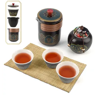 Japanisches Teekanne Set,Tragbar Japanisches Teeservice,Chinesische Teekanne Kit aus Keramik,1 Teekanne (250ml/8.5oz) + 1 Teekanister (180ml/6oz) + 4 Teetassen (46ml/1.6oz),Travel Porcelain Tee-Set