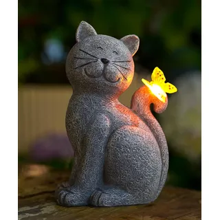 Yeomoo Katzen Figuren mit Solar Schmetterling Deko Wohnzimmer Gartendeko für draußen: Lustig katze Geschenk für Frauen Mama Geburtstagsgeschenk Gartenfiguren Wasserdicht Zimmer Garten Balkon Deko Grau