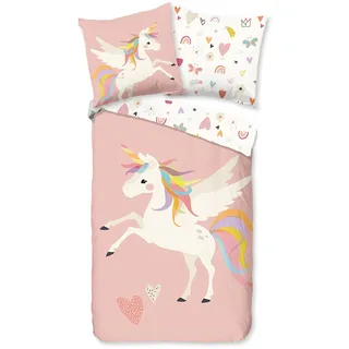 Soma Renforcé Pastell Kinder-Bettwäsche-Set 2 teilig Bettbezug 2tlg 135x200cm 80x80cm (Einhorn rosa weiß)