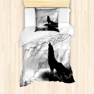 ABAKUHAUS Wolf Mantele, Heulen Unter Vollmond, Milbensicher Allergiker geeignet mit Kissenbezügen, 135 cm x 200 cm - 80 x 80 cm, Schwarz, Grau und Weiß - Schwarz