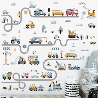 decalmile Wandsticker Kinderzimmer Fahrzeuge Wandtattoo Bagger Auto Trakto Baustelle Wandaufkleber Junge Babyzimmer kinderzimmer Wanddeko