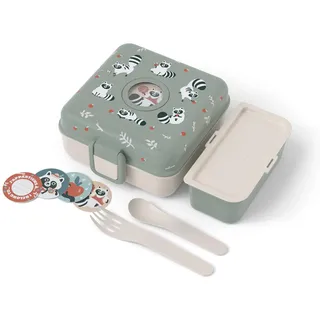 monbento - Kinder Brotdose mit Fächer Snacky grün Raccoon - Snackbox für ganze Sandwiches - Besteck inklusive - Lunchbox Personalisiert Kinder - Ideal für Schule/Picknick - BPA-Frei - Waschbär
